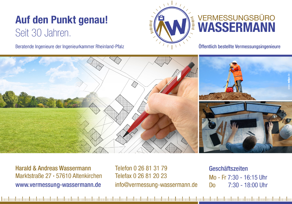 Vermessungsbüro Harald und Andreas Wassermann, Marktstraße 27, 57610 Altenkirchen, Telefon 02681 3179